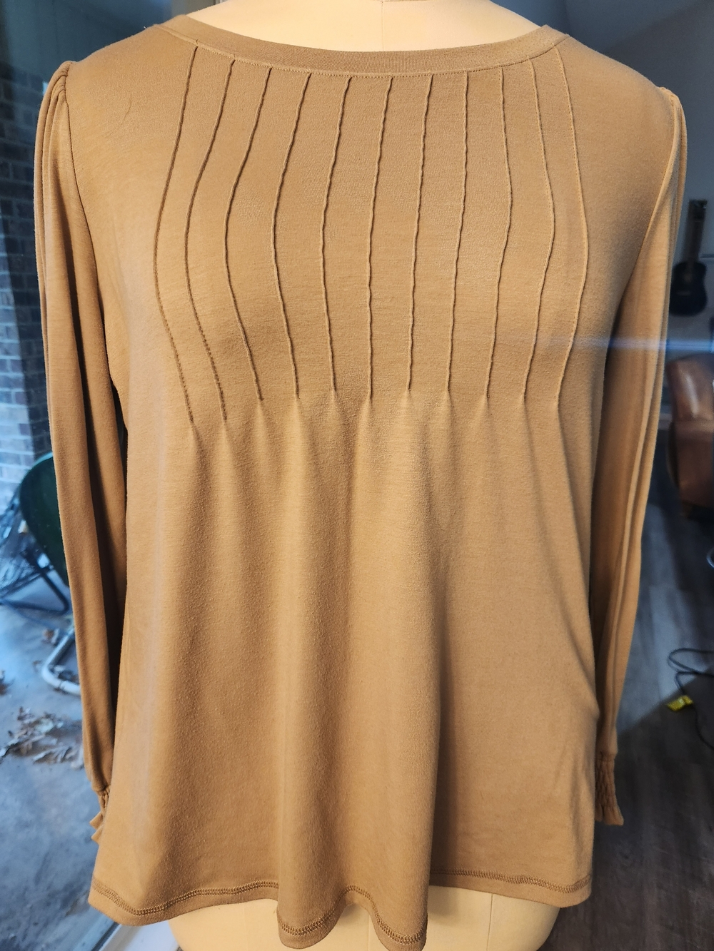 Lightweight Pintuck Front Scoop Neck Sweater - Tan